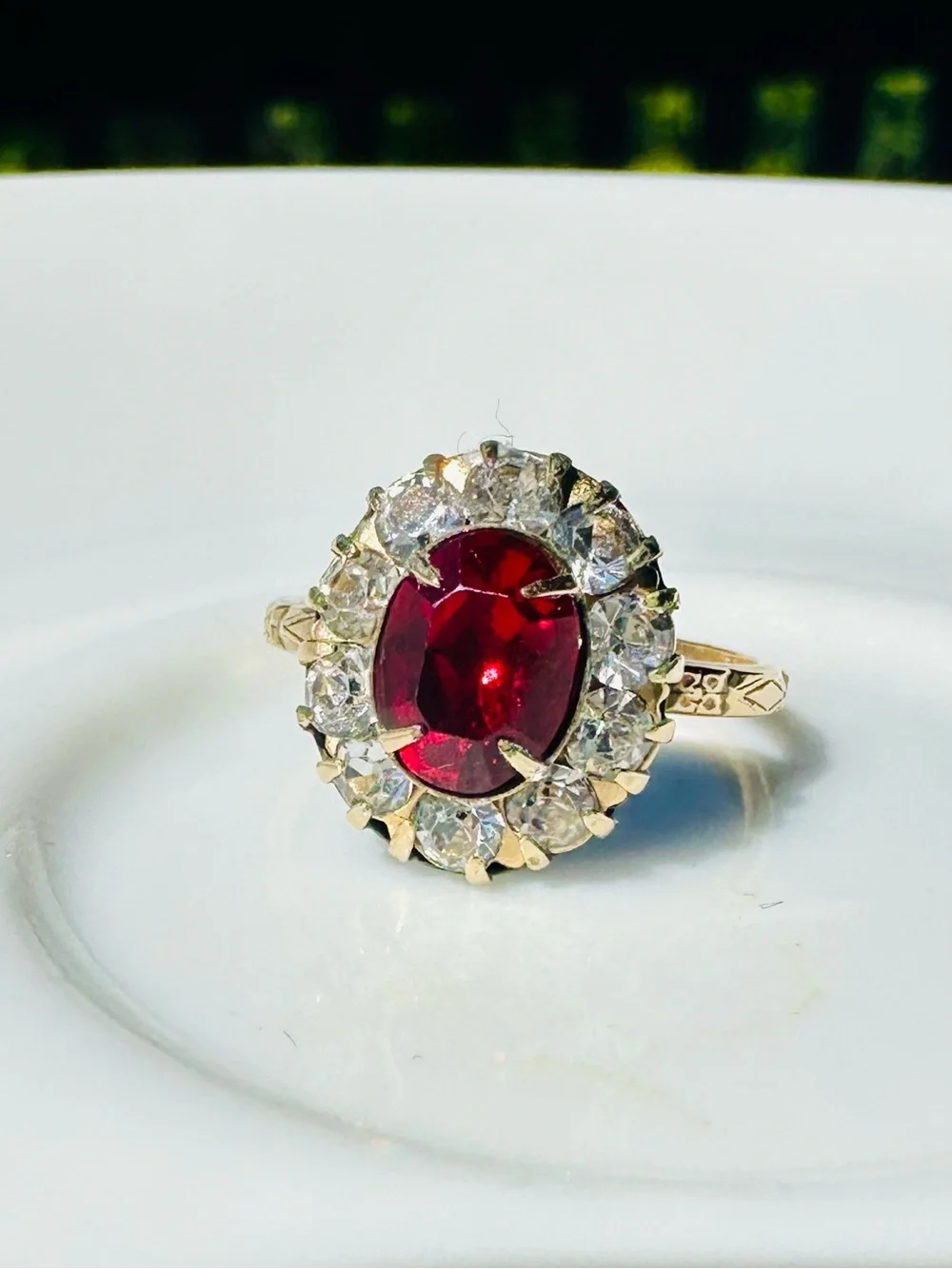 Vintage Victorian Revival 14K Garnet & Crystal Halo Cluster Ring—14K RGF—Sz 5.75